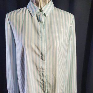 Ellen Tracy Long-Sleeve, Button-Up, Striped Blouse, M, Seagreen/White